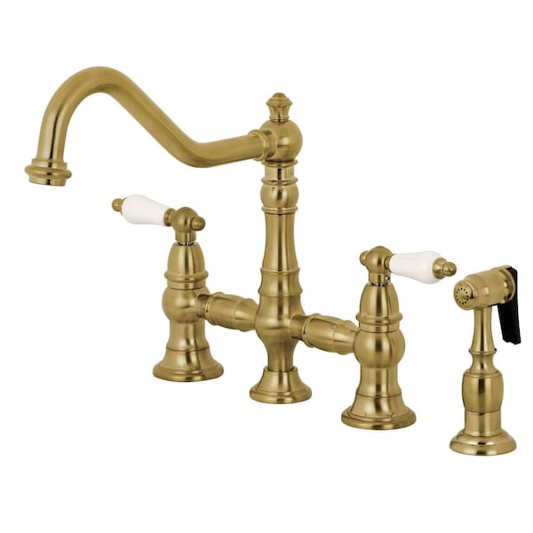 KS3277PLBS Restoration 8" Bridge Kitchen Faucet W/Sprayer, Brass